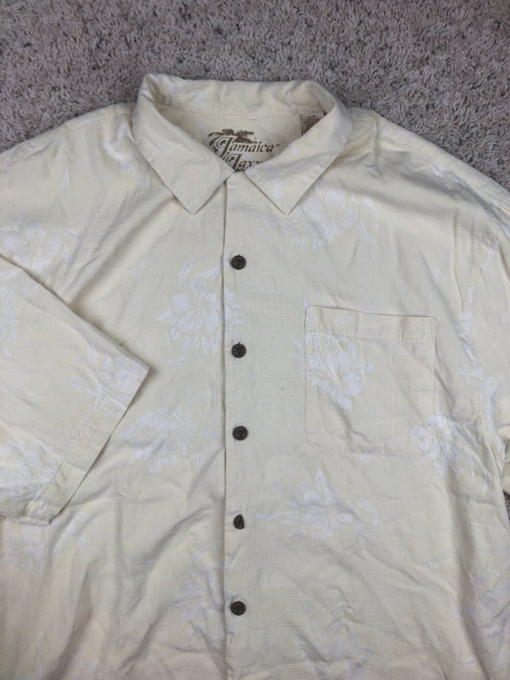 Jamaica Jaxx Mens Hawaiian Shirt Large 100% Silk, Light Yellow Casual Textured